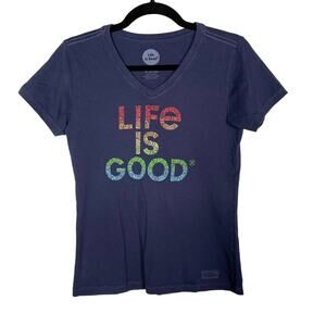 Life Is Good Womens XS Blue Crusher Tee Graphic Short Sleeve V Neck Classic Fit